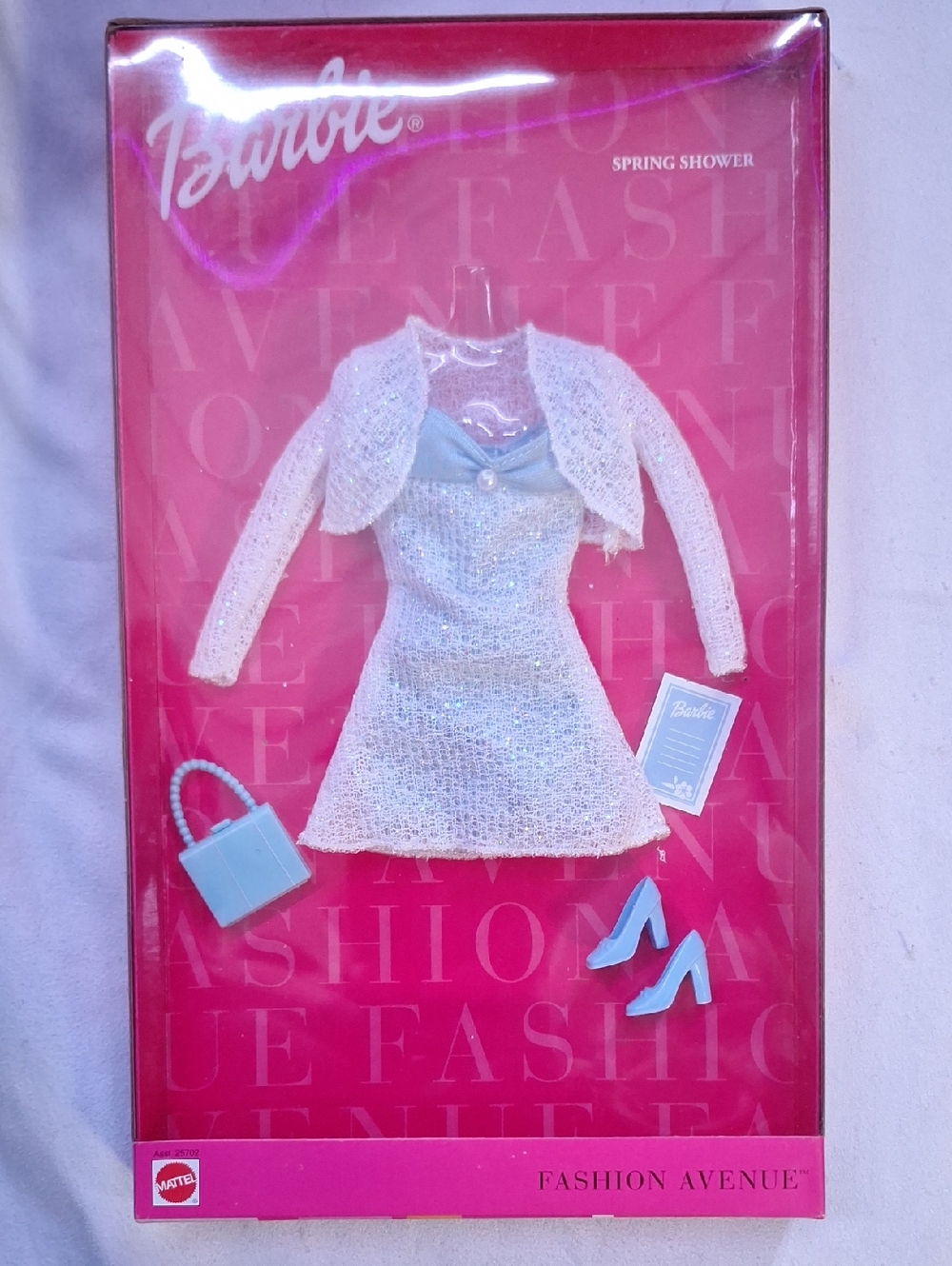 Vintage Barbie White Sparkle Knit Dress with Light Blue Accessories